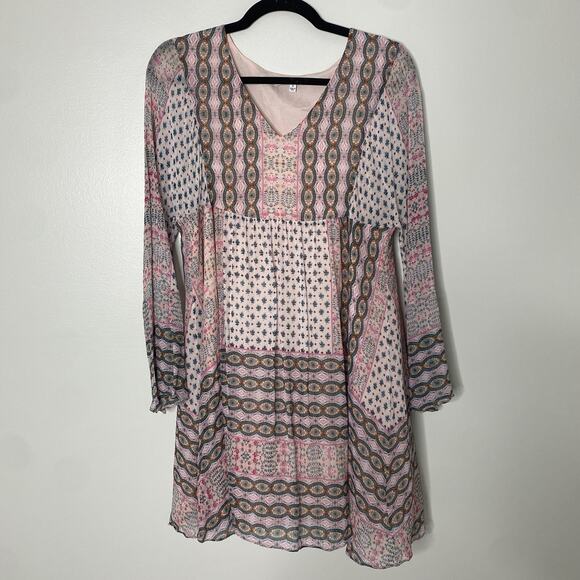 Rebecca Minkoff Pink Redland Bell Sleeve Patchwork Bohemian Mini Dress Small - Picture 6 of 8